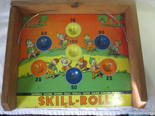 Vintage Skill Roll Tin Litho Game with Pixies Gnomes Artwork Very Cute Skee Ball Double score when ball rolls into same color hole