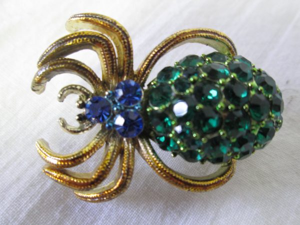 Vintage Spider Brooch Beautiful Rhinestones Green and Blue 1.5" across