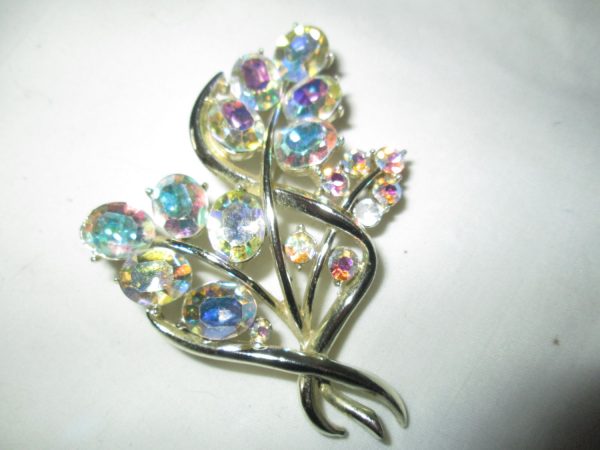 Vintage Very Large Aurora Borealis Brooch Pin Signed Gold tone