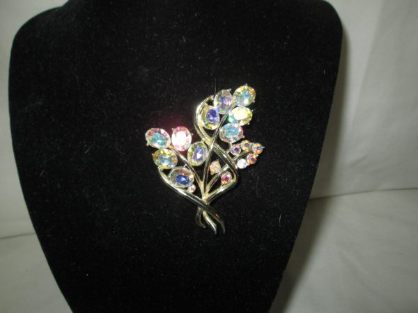 Vintage Very Large Aurora Borealis Brooch Pin Signed Gold tone