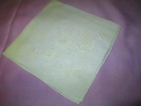 Vintage White Wedding Embroidered Hankie handkerchief Floral with ornate detail