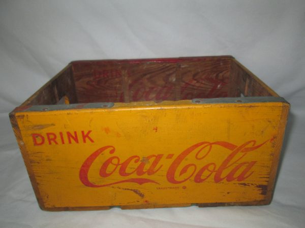 Vintage wooden Family size 6 bottle Coke Coca Cola Yellow cypress crate metal reinforced corners dated 1956 handle sides Solid Perry FL