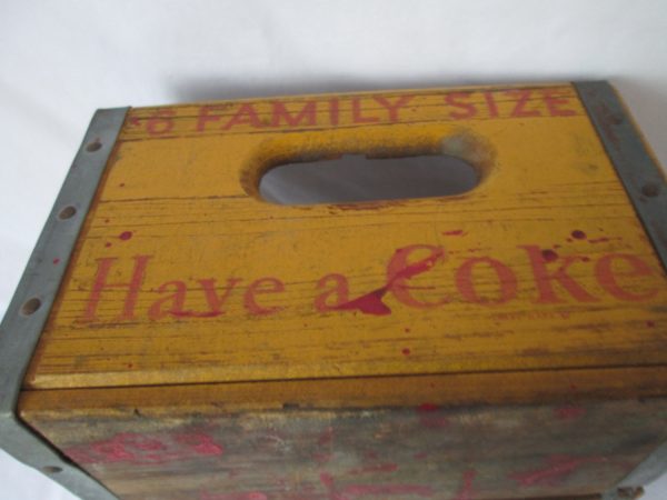 Vintage wooden Family size 6 bottle Coke Coca Cola Yellow cypress crate metal reinforced corners dated 1956 handle sides Solid Perry FL