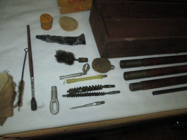 Vintage Wooden Hoppe's Box with Gun cleaning kit Wooden parts & metal brushes and accessories
