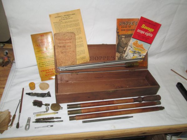 Vintage Wooden Hoppe's Box with Gun cleaning kit Wooden parts & metal brushes and accessories