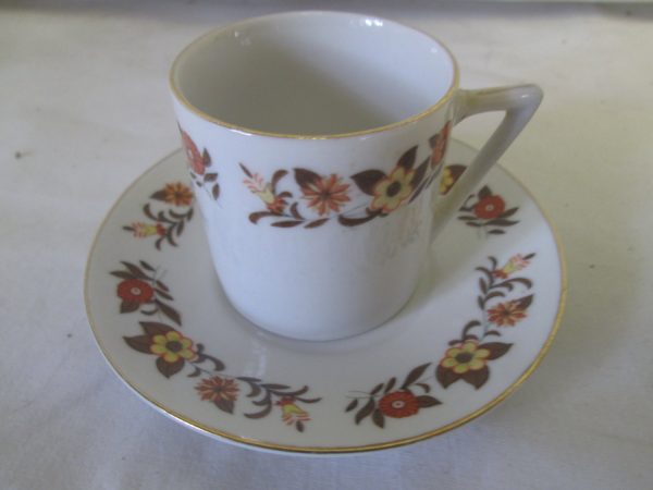 Vintage WWII Era Chinese  Demitasse Tea Cup and Saucer Fine China Cup 2.50" tall Saucer 4.75" across Retro Orange & Yellow floral gold trim