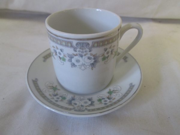 Vintage WWII Era Chinese  Demitasse Tea Cup and Saucer Fine China Cup 2.50" tall Saucer 4.75" across White Flowers Gray Pattern Gold Trim