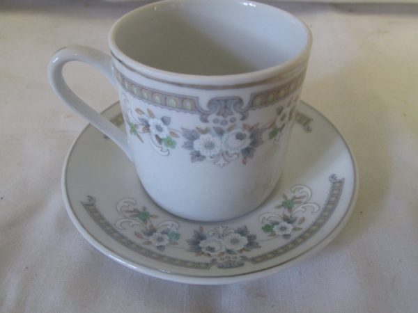 Vintage WWII Era Chinese  Demitasse Tea Cup and Saucer Fine China Cup 2.50" tall Saucer 4.75" across White Flowers Gray Pattern Gold Trim