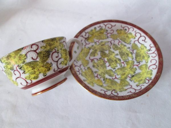 Vintage WWII Era Japan Chintz Tea Cup and Saucer Fine China Cup 2" tall Saucer 5.75" across Rust & Yellow dragons