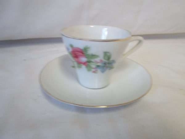 Vintage WWII Era Japan Demitasse Tea Cup and Saucer Fine China Cup 2.25" tall Saucer 4.5" across Blue & Pink Flowers gold trimmed