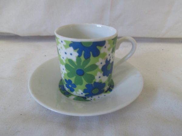 Vintage WWII Era Japan Demitasse Tea Cup and Saucer Fine China Cup 2.50" tall Saucer 4.5" across Blue and Green Flowers