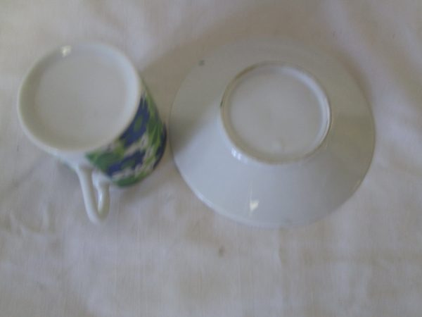Vintage WWII Era Japan Demitasse Tea Cup and Saucer Fine China Cup 2.50" tall Saucer 4.5" across Blue and Green Flowers