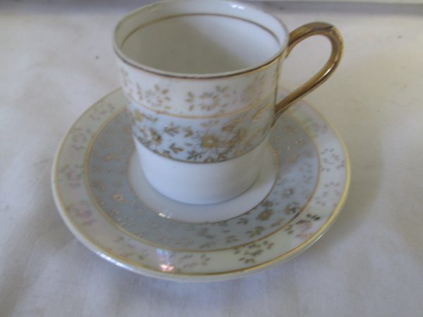 Vintage WWII Era Japan Demitasse Tea Cup and Saucer Fine China Cup 2.50" tall Saucer 4.5" across Iridescent Gold and Gray Royal Crown