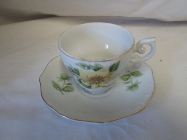 Vintage WWII Era Japan Demitasse Tea Cup and Saucer Fine China Cup 2.50" tall Saucer 4.5" across Japan Yellow Floral Green Leaves Gold trim