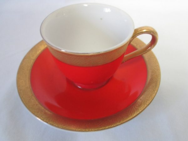 Vintage WWII Era Japan Fine China Demitasse Tea Cup & Saucer Fine China Red  Gold trim 2 1/4" tall 2 1/2" across top Saucer 4 7/8" across