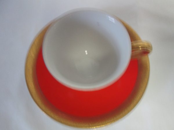 Vintage WWII Era Japan Fine China Demitasse Tea Cup & Saucer Fine China Red  Gold trim 2 1/4" tall 2 1/2" across top Saucer 4 7/8" across