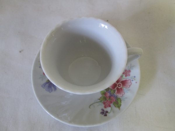 Vintage WWII Era Unmarked  Demitasse Tea Cup and Saucer Fine China Cup 2.50" tall Saucer 4.50" across Pink and Purple floral