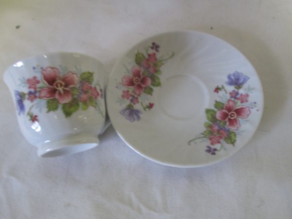 Vintage WWII Era Unmarked  Demitasse Tea Cup and Saucer Fine China Cup 2.50" tall Saucer 4.50" across Pink and Purple floral