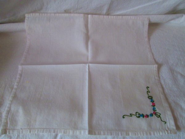 White embroidered Floral Blue and Pink Roses Green Leaves Handkerchief hankie cotton 11x11 hemstitched