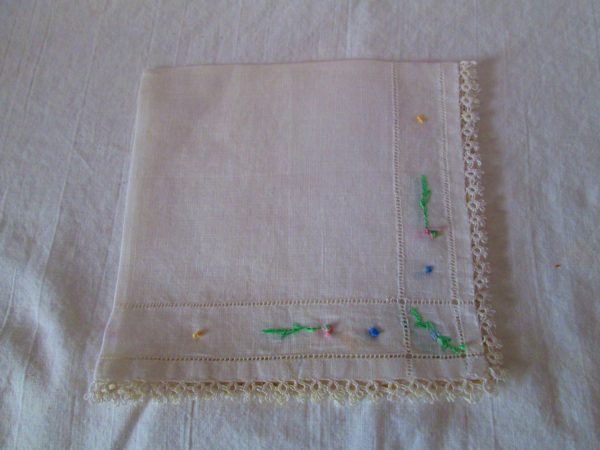 White embroidered flowers green leaves floral edge tatted edge hankie handkerchief 12x12