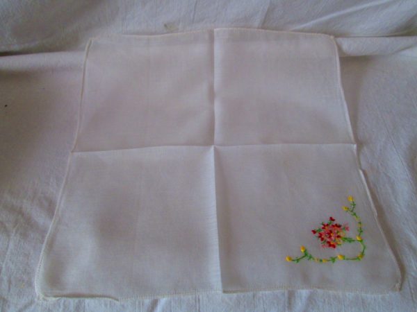 White embroidered flowers green leaves yellow flowers dainty hankie handkerchief 11x11 cottage shabby chic collectible cotton hanky