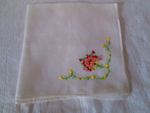 White embroidered flowers green leaves yellow flowers dainty hankie handkerchief 11x11 cottage shabby chic collectible cotton hanky
