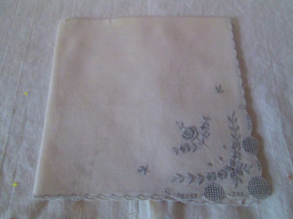 White embroidered with dainty cut work grey tiny roses tiny leaves hankie handkerchief 10x10 light blue detailed work cottage shabby chic