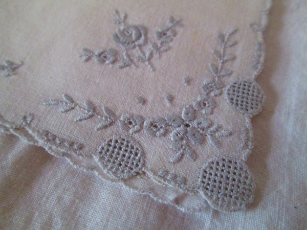 White embroidered with dainty cut work grey tiny roses tiny leaves hankie handkerchief 10x10 light blue detailed work cottage shabby chic