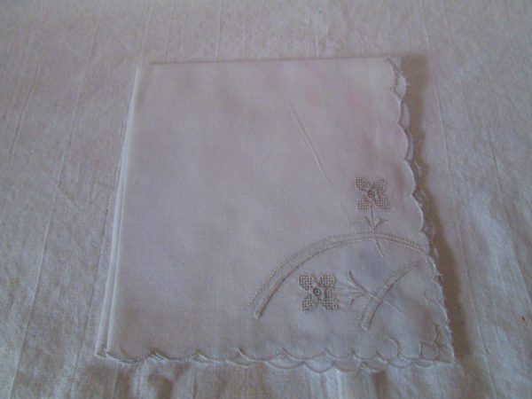 White embroidered with dainty cut work pale grey gray floral embroidery trim scalloped edge hankie handkerchief 10x10 collectible decor