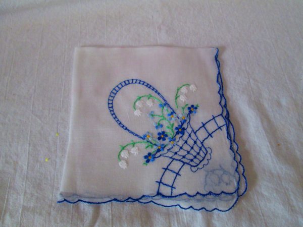 White Lily of the valley basket with floral embroidered lily of the valley hankie handkerchief blue trim white floral 11x11