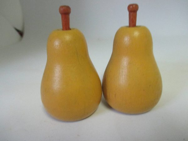 Wooden Pear Salt & Pepper Shakers decor collectible display tableware dinning kitchen farmhouse cottage yellow and brown wood