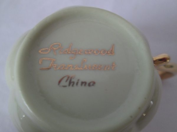 WWII Era Fine China Demitasse Tea Cup & Saucer light green with yellow flower Ridgewood translucent China
