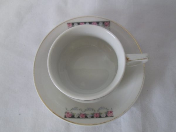 WWII Era Germany Fine China Demitasse Tea Cup & Saucer Pink Roses Blue flowers Saucer 4 1/4" across Cup 1 1/2" tall 2 1/4" across top