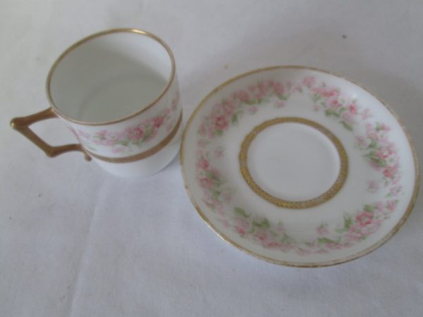 WWII Era Germany Fine China Demitasse Tea Cup & Saucer Pink Roses gold trim Saucer 4 3/8" across Cup 2 1/4" tall 2 1/8" across top
