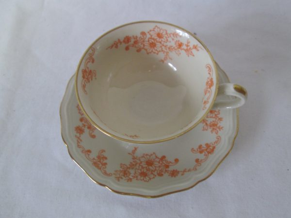 WWII Era Germany Fine China Demitasse Tea Cup & Saucer Pink Roses gold trim Saucer 4 3/8" across Cup 3" tall 2" across top