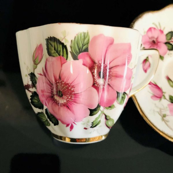 22Kt Gold Trimmed tea cup and saucer England Fine bone china Bright Pink Cosmos Dark green leaves farmhouse collectible display coffee bride