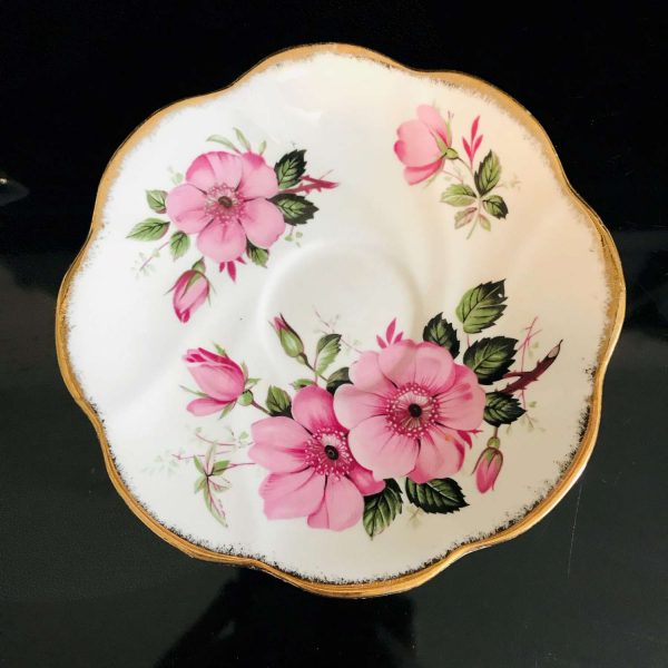22Kt Gold Trimmed tea cup and saucer England Fine bone china Bright Pink Cosmos Dark green leaves farmhouse collectible display coffee bride