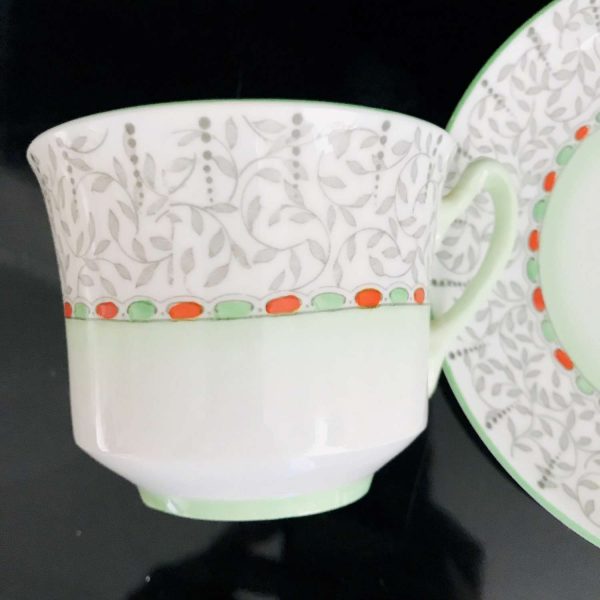 Adderley tea cup and saucer England Fine bone china dainty light green orange and gray farmhouse collectible display coffee serving dining