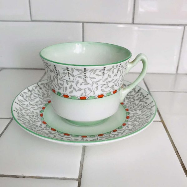 Adderley tea cup and saucer England Fine bone china dainty light green orange and gray farmhouse collectible display coffee serving dining