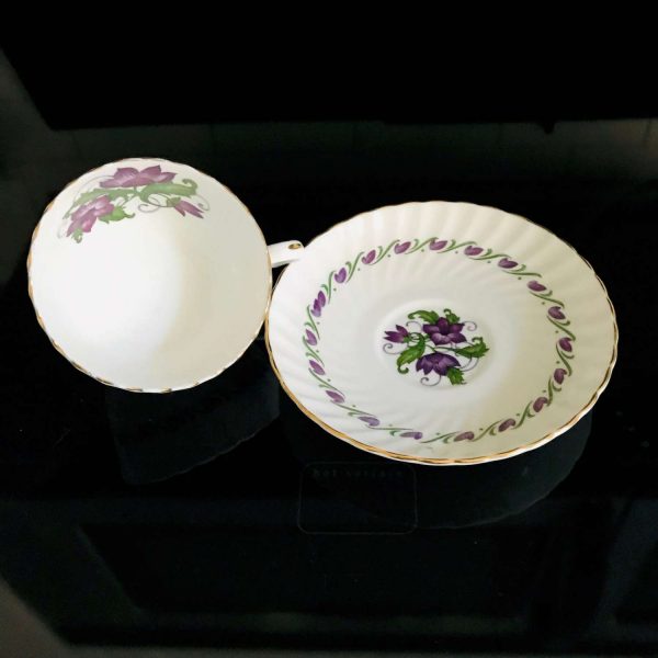 Adderley tea cup and saucer England Fine bone china Purple Morning Glories farmhouse collectible display coffee serving dining