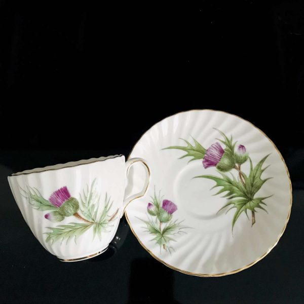 Adderley tea cup and saucer England Fine bone china purple thistle gold trim farmhouse collectible display coffee serving dining