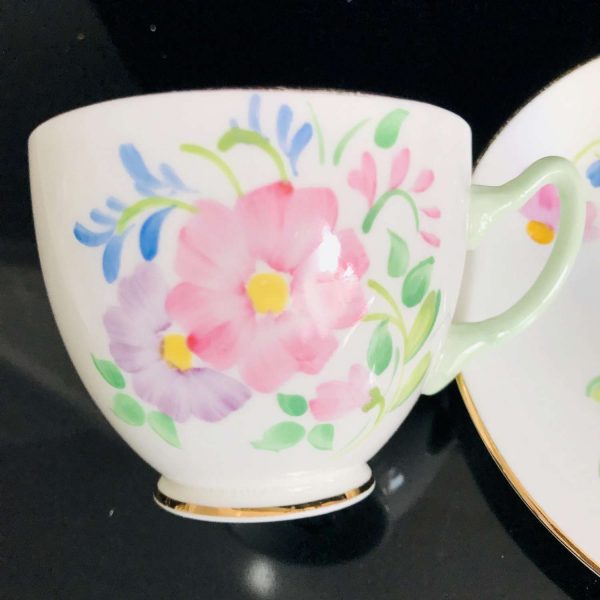 Adderley tea cup and saucer England Hand Decorated Fine bone china Pink Lavender Blue flowers green handle collectible display coffee dining