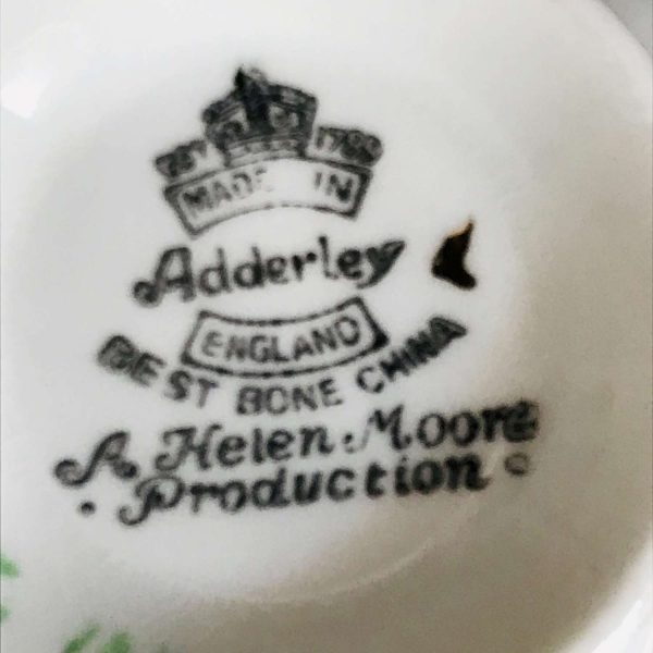 Adderley tea cup and saucer England Hand Decorated Fine bone china Pink Lavender Blue flowers green handle collectible display coffee dining