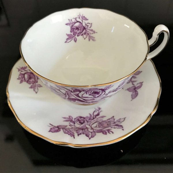 Adderley tea cup and saucer England RARE Fine bone china purple Rose Outlines gold trim farmhouse collectible display coffee dining