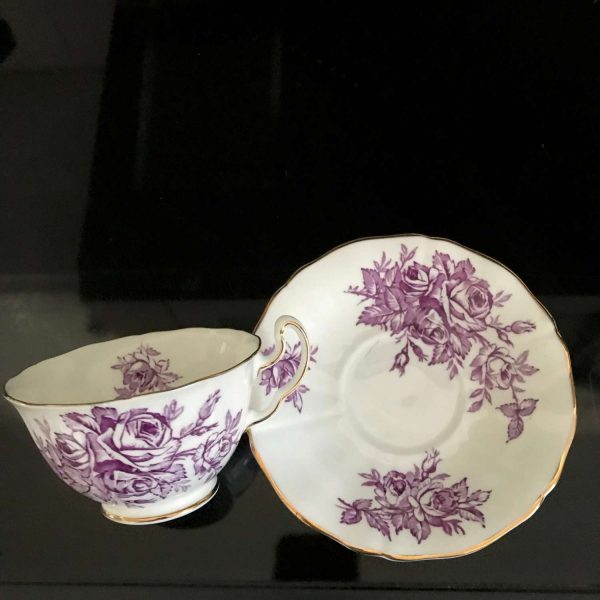 Adderley tea cup and saucer England RARE Fine bone china purple Rose Outlines gold trim farmhouse collectible display coffee dining