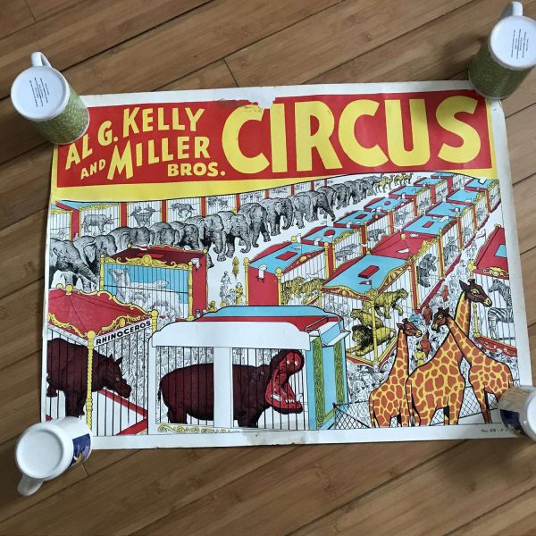 AL G Kelly Circus Poster 1950's Caged Animal Train Advertising Collectible Display Man Cave TV Movie Prop 27.5" x 21" Animal Crackers Style