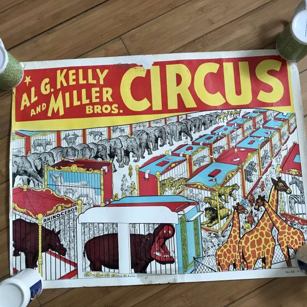 AL G Kelly Circus Poster 1950's Caged Animal Train Advertising Collectible Display Man Cave TV Movie Prop 27.5" x 21" Animal Crackers Style