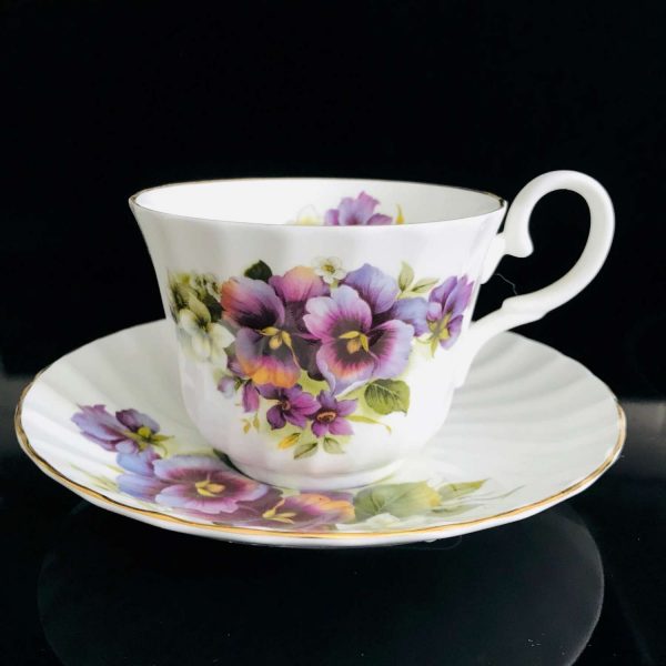 Allyn Nelson Tea cup and saucer England Fine bone china Pansies Pink yellow purple farmhouse collectible display serving coffee