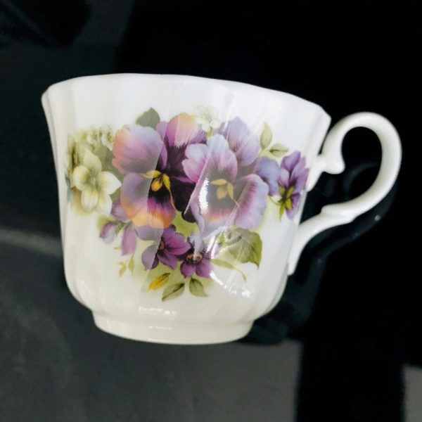 Allyn Nelson Tea cup and saucer England Fine bone china Pansies Pink yellow purple farmhouse collectible display serving coffee