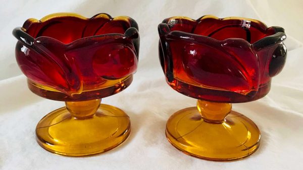 Amberina Glass candlestick holders candle holders red and yellow mid century modern pedestal base collectible display retro mod atomic